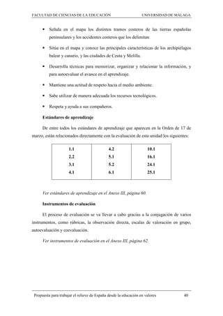 FACULTAD DE CIENCIAS DE LA EDUCACIÓN UNIVERSIDAD DE MÁLAGA
Propuesta para trabajar el relieve de España desde la educación en valores 40
 Señala en el mapa los distintos tramos costeros de las tierras españolas
peninsulares y los accidentes costeros que los delimitan
 Sitúa en el mapa y conoce las principales características de los archipiélagos
balear y canario, y las ciudades de Ceuta y Melilla.
 Desarrolla técnicas para memorizar, organizar y relacionar la información, y
para autoevaluar el avance en el aprendizaje.
 Mantiene una actitud de respeto hacia el medio ambiente.
 Sabe utilizar de manera adecuada los recursos tecnológicos.
 Respeta y ayuda a sus compañeros.
Estándares de aprendizaje
De entre todos los estándares de aprendizaje que aparecen en la Orden de 17 de
marzo, están relacionados directamente con la evaluación de esta unidad los siguientes:
1.1
2.2
3.1
4.1
4.2
5.1
5.2
6.1
10.1
16.1
24.1
25.1
Ver estándares de aprendizaje en el Anexo III, página 60.
Instrumentos de evaluación
El proceso de evaluación se va llevar a cabo gracias a la conjugación de varios
instrumentos, como rúbricas, la observación directa, escalas de valoración en grupo,
autoevaluación y coevaluación.
Ver instrumentos de evaluación en el Anexo III, página 62.
 
