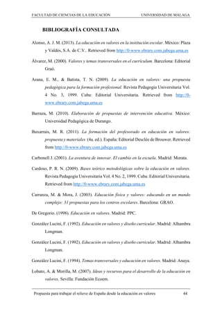 FACULTAD DE CIENCIAS DE LA EDUCACIÓN UNIVERSIDAD DE MÁLAGA
Propuesta para trabajar el relieve de España desde la educación en valores 44
BIBLIOGRAFÍA CONSULTADA
Alonso, A. J. M. (2013). La educación en valores en la institución escolar. México: Plaza
y Valdés, S.A. de C.V.. Retrieved from http://0-www.ebrary.com.jabega.uma.es
Álvarez, M. (2000). Valores y temas transversales en el currículum. Barcelona: Editorial
Graó.
Arana, E. M., & Batista, T. N. (2009). La educación en valores: una propuesta
pedagógica para la formación profesional. Revista Pedagogía Universitaria Vol.
4 No. 3, 1999. Cuba: Editorial Universitaria. Retrieved from http://0-
www.ebrary.com.jabega.uma.es
Barraza, M. (2010). Elaboración de propuestas de intervención educativa. México:
Universidad Pedagógica de Durango.
Buxarrais, M. R. (2011). La formación del profesorado en educación en valores:
propuesta y materiales (4a. ed.). España: Editorial Desclée de Brouwer. Retrieved
from http://0-www.ebrary.com.jabega.uma.es
Carbonell J. (2001). La aventura de innovar. El cambio en la escuela. Madrid: Morata.
Cardoso, P. R. N. (2009). Bases teórico metodológicas sobre la educación en valores.
Revista Pedagogía Universitaria Vol. 4 No. 2, 1999. Cuba: Editorial Universitaria.
Retrieved from http://0-www.ebrary.com.jabega.uma.es
Carranza, M. & Mora, J. (2003). Educación física y valores: educando en un mundo
complejo: 31 propuestas para los centros escolares. Barcelona: GRAO.
De Gregorio. (1998). Educación en valores. Madrid: PPC.
González Lucini, F. (1992). Educación en valores y diseño curricular. Madrid: Alhambra
Longman.
González Lucini, F. (1992). Educación en valores y diseño curricular. Madrid: Alhambra
Longman.
González Lucini, F. (1994). Temas transversales y educación en valores. Madrid: Anaya.
Lobato, A. & Morilla, M. (2007). Ideas y recursos para el desarrollo de la educación en
valores. Sevilla: Fundación Ecoem.
 
