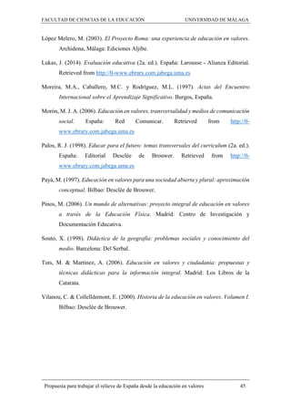 FACULTAD DE CIENCIAS DE LA EDUCACIÓN UNIVERSIDAD DE MÁLAGA
Propuesta para trabajar el relieve de España desde la educación en valores 45
López Melero, M. (2003). El Proyecto Roma: una experiencia de educación en valores.
Archidona, Málaga: Ediciones Aljibe.
Lukas, J. (2014). Evaluación educativa (2a. ed.). España: Larousse - Alianza Editorial.
Retrieved from http://0-www.ebrary.com.jabega.uma.es
Moreira, M.A., Caballero, M.C. y Rodríguez, M.L. (1997). Actas del Encuentro
Internacional sobre el Aprendizaje Significativo. Burgos, España.
Morón, M. J. A. (2006). Educación en valores, transversalidad y medios de comunicación
social. España: Red Comunicar. Retrieved from http://0-
www.ebrary.com.jabega.uma.es
Palos, R. J. (1998). Educar para el futuro: temas transversales del curriculum (2a. ed.).
España: Editorial Desclée de Brouwer. Retrieved from http://0-
www.ebrary.com.jabega.uma.es
Payá, M. (1997). Educación en valores para una sociedad abierta y plural: aproximación
conceptual. Bilbao: Desclée de Brouwer.
Pinos, M. (2006). Un mundo de alternativas: proyecto integral de educación en valores
a través de la Educación Física. Madrid: Centro de Investigación y
Documentación Educativa.
Souto, X. (1998). Didáctica de la geografía: problemas sociales y conocimiento del
medio. Barcelona: Del Serbal.
Tuts, M. & Martínez, A. (2006). Educación en valores y ciudadanía: propuestas y
técnicas didácticas para la información integral. Madrid: Los Libros de la
Catarata.
Vilanou, C. & Collelldemont, E. (2000). Historia de la educación en valores. Volumen I.
Bilbao: Desclée de Brouwer.
 