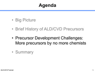 ALD 2018 Tutorial
Agenda
• Big Picture
• Brief History of ALD/CVD Precursors
• Precursor Development Challenges:
More precursors by no more chemists
• Summary
19
 