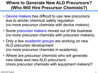 ALD 2018 Tutorial
Where to Generate New ALD Precursors?
(Who Will Hire Precursor Chemists?)
• Device makers has difficult to use new precursors
due to stricter chemical safety regulation
(no more precursor chemists with device makers).
• Some precursor makers moved out of the business
(no more precursor chemists with precursor makers).
• Only a few academic groups are working on new
ALD precursor development
(no more precursor chemists in academia).
• Where are precursor chemists who will generate
new ideas and new ALD precursors
(more precursor chemists with equipment makers)?
30
 