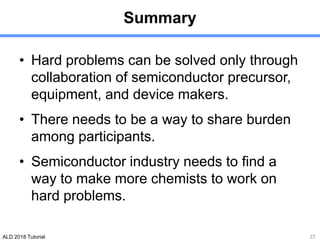 ALD 2018 Tutorial
Summary
• Hard problems can be solved only through
collaboration of semiconductor precursor,
equipment, and device makers.
• There needs to be a way to share burden
among participants.
• Semiconductor industry needs to find a
way to make more chemists to work on
hard problems.
37
 