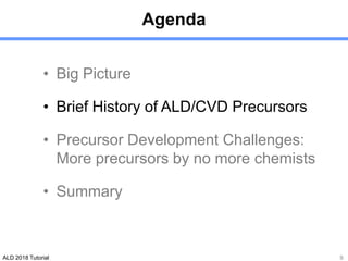 ALD 2018 Tutorial
Agenda
• Big Picture
• Brief History of ALD/CVD Precursors
• Precursor Development Challenges:
More precursors by no more chemists
• Summary
9
 