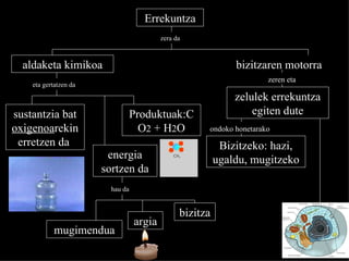 Errekuntza aldaketa kimikoa sustantzia bat  oxigenoa rekin erretzen da  Produktuak:CO 2  + H 2 O energia sortzen da argia mugimendua bizitza zelulek errekuntza egiten dute Bizitzeko: hazi, ugaldu, mugitzeko zera da eta gertatzen da hau da bizitzaren motorra zeren eta ondoko honetarako 