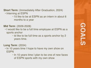 GOALS
Short Term: (Immediately After Graduation, 2024)
 

• Interning at ESPN
 

‣ I’d like to be at ESPN as an intern in about 6
months to a year
 

Mid Term: (2026-2028
)

• I would like to be a full time employee at ESPN as a
sports anchor
 

‣ Id like to be full time as a sports anchor by 2
years time.
 

Long Term: (2034
)

• In 10 years time I hope to have my own show on
ESPN
 

‣ In 10 years time I plan to be one of new faces
of ESPN sports with my own show
 