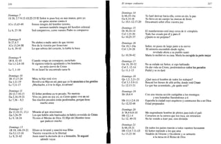226
Domingo 7
IS 26, 2.7-9.12-13.22-23 El Señor te puso hoy en mis manos, pero yo
no quise atentar contra tí
ICo 15,45-49 Somos imagen del hombre terreno,
seremos también imagen del hombre celestial
Le 6, 27-38 Sed compasivos, como vuestro Padre es compasivo
Domingo 8
Si 27,4-7
ICo 15,54-58
Le 6, 39-45
No alabes a nadie antes de que razone
Nos da la victoria por Jesucristo
Lo que rebosa del corazón, lo habla la boca
Domingo 9
IR 8, 41-43
Ga 1,1-2.6-10
Le 7, 1-10
Cuando venga un extranjero, escúchalo
Si siguiera todavía agradando a los hombres,
no sería siervo de Cristo
Ni en Israel he encontrado tanta fe
Domingo 10
IR 17,17-24
Ga 1,11-19
Le 7,11-17
Mira, tu hijo está vivo
Reveló a su Hijo en mí, para que yo lo anunciara a los gentiles
¡Muchacho, a ti te lo digo, levántate!
Domingo 11
2S 12,7-10.13
Ga 2,16.19-21
Le 7,36 - 8,3
El Señor perdona ya tu pecado. No morirás
Vivo yo, pero no soy yo, es Cristo quien vive en mí
Sus muchos pecados están perdonados, porque tiene
mucho amor
Domingo 12
Za 12,10-11; 13,1
Ga 3,26-29
Le 9, 18-24
Mirarán al que atravesaron
Los que habéis sido bautizados os habéis revestido de Cristo
Tú eres el Mesías de Dios. El Hijo del Hombre tiene
que padecer mucho
Domingo 13
IR 19, 16b. 19-21
Ga 5,1.13-18
Le 9, 51-62
Elíseo se levantó y marchó tras Elias
Vuestra vocación es la libertad
Jesús tomó la decisión de ir a Jerusalén. Te seguiré
adonde vayas
El tiempo ordinario 227
Domingo 14
Is 66,10-14c
Ga 6,14-18
Le 10,1-12.17-20
Domingo 15
Dt 30,10-14
Col 1,15-20
Le 10,25-37
Domingo 16
Gn 18,l-10a
Col 1,24-28
Le 10,38-42
Domingo 17
Gn 18, 20-32
Col 2, 12-14
Le 11,1-13
Domingo 18
Qo 1,2; 2,21-23
Col 3,1-5.9-11
Le 12,13-21
Domingo 19
Sb 18,6-9
Hb 11,1-2.8-19
Le 12,32-48
Domingo 20
Jr 38,4-6.8-10
Hb 12,1-4
Le 12,49-53
Domingo 21
Is 66,18-21
Hb 12,4-7.11-13
Le 13,22-30
Yo haré derivar hacia ella, como un río, la paz
Yo llevo en mi cuerpo las marcas de Jesús
Descansará sobre ellos vuestra paz
El mandamiento está muy cerca de ti: cúmplelo
Todo fue creado por él y para él
¿Quién es mi prójimo?
Señor, no pases de largo junto a tu siervo
El misterio escondido desde siglos,
revelado ahora a su pueblo santo
Marta lo recibió en su casa. María ha escogido la parte mejor
No se enfade mi Señor, si sigo hablando
Os dio vida en Cristo, perdonándoos todos los pecados
Pedid y se os dará
¿Qué saca el hombre de todos los trabajos?
Buscad los bienes de allá arriba, donde está Cristo
Lo que has acumulado, ¿de quién será?
Con una misma acción castigabas a los enemigos
y nos honrabas llamándonos a ti
Esperaba la ciudad cuyo arquitecto y constructor iba a ser Dios
Estad preparados
Me engendraste hombre de pleitos para todo el país
Corramos en la carrera que nos toca, sin retirarnos
No he venido a traer paz, sino división
De todos los países traerán a todos vuestros hermanos
El Señor reprende a los que ama
Vendrán de Oriente y Occidente y se sentarán
a la mesa en el Reino de Dios
 