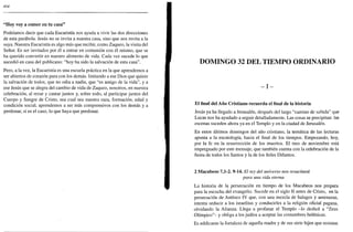 404
"Hoy voy a comer en tu casa"
Podríamos decir que cada Eucaristía nos ayuda a vivir las dos direcciones
de esta parábola. Jesús no se invita a nuestra casa, sino que nos invita a la
suya. Nuestra Eucaristía es algo más que recibir, como Zaqueo, la visita del
Señor. Es ser invitados por él a entrar en comunión con él mismo, que se
ha querido convertir en nuestro alimento de vida. Cada vez sucede lo que
sucedió en casa del publicano: "hoy ha sido la salvación de esta casa".
Pero, a la vez, la Eucaristía es una escuela práctica en la que aprendemos a
ser abiertos de corazón para con los demás. Imitando a ese Dios que quiere
la salvación de todos, que no odia a nadie, que "es amigo de la vida", y a
ese Jesús que se alegra del cambio de vida de Zaqueo, nosotros, en nuestra
celebración, al rezar y cantar juntos y, sobre todo, al participar juntos del
Cuerpo y Sangre de Cristo, sea cual sea nuestra raza, formación, edad y
condición social, aprendemos a ser más comprensivos con los demás y a
perdonar, si es el caso, lo que haya que perdonar.
DOMINGO 32 DEL TIEMPO ORDINARIO
- I -
El final del Año Cristiano recuerda el final de la historia
Jesús ya ha llegado a Jerusalén, después del largo "camino de subida" que
Lucas nos ha ayudado a seguir detalladamente. Las cosas se precipitan: las
escenas suceden ahora ya en el Templo y en la ciudad de Jerusalén.
En estos últimos domingos del año cristiano, la temática de las lecturas
apunta a la escatología, hacia el final de los tiempos. Empezando, hoy,
por la fe en la resurrección de los muertos. El mes de noviembre está
impregnado por este mensaje, que también cuenta con la celebración de la
fiesta de todos los Santos y la de los fieles Difuntos.
2 Macabeos 7,1-2. 9-14. El rey del universo nos resucitará
para una vida eterna
La historia de la persecución en tiempo de los Macabeos nos prepara
para la escucha del evangelio. Sucede en el siglo II antes de Cristo, en la
persecución de Antíoco IV que, con una mezcla de halagos y amenazas,
intenta seducir a los israelitas y conducirles a la religión oficial pagana,
olvidando la Alianza. Llega a profanar el Templo -lo dedicó a "Zeus
Olímpico"- y obliga a los judíos a aceptar las costumbres helénicas.
Es edificante la fortaleza de aquella madre y de sus siete hijos que resisten
 