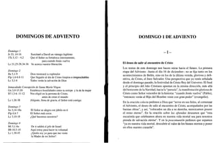 DOMINGOS DE ADVIENTO
Domingo 1
Jr 33, 14-16 Suscitaré a David un vastago legítimo
lTs 3,12 - 4,2 Que el Señor os fortalezca internamente,
para cuando Jesús vuelva
Le 21,25-28.34-36 Se acerca vuestra liberación
Domingo 2
Ba 5,1-9
Flp 1,4-6.8-11
Le 3,1-6
Dios mostrará tu esplendor
Que lleguéis al día de Cristo limpios e irreprochables
Todos verán la salvación de Dios
Inmaculada Concepción de Santa María Virgen
Gn 3,9-15.20 Establezco hostilidades entre tu estirpe y la de la mujer
Ef 1,3-6. 11-12 Nos eligió en la persona de Cristo,
antes de crear el mundo
Le 1,26-38 Alégrate, llena de gracia, el Señor está contigo
Domingo 3
So3,14-18a
Flp 4,4-7
Le 3,10-18
Domingo 4
Mi 5,1-4a
Hb 10,5-10
Le 1,39-45
El Señor se alegra con júbilo en ti
El Señor está cerca
¿Qué hacemos nosotros?
De ti saldrá el jefe de Israel
Aquí estoy para hacer tu voluntad
¿Quién soy yo para que me visite
la Madre de mi Señor?
DOMINGO 1 DE ADVIENTO
- I -
El deseo de salir al encuentro de Cristo
Los textos de este domingo nos hacen mirar hacia el futuro. La primera
etapa del Adviento -hasta el día 16 de diciembre- no se fija tanto en los
acontecimientos de Belén, sino en los de la última venida, gloriosa y defi-
nitiva, de Cristo, el Juez Salvador. Una perspectiva que ya venía señalada
desde el domingo pasado, la festividad de Cristo Rey del Universo. El final
y el principio del Año Cristiano apuntan en la misma dirección, más allá
del horizonte de la Navidad, hacia la "parusía", la manifestación gloriosa de
Cristo como Señor vencedor de la historia: "cuando Jesús vuelva" (Pablo),
"entonces verán al Hijo del Hombre venir con gran poder" (evangelio).
En la oración colecta pedimos a Dios que "avive en sus fieles, al comenzar
el Adviento, el deseo de salir al encuentro de Cristo, acompañados por las
buenas obras", y así, "colocados un día a su derecha, merezcamos poseer
el reino eterno". En la oración sobre las ofrendas deseamos que "esta
eucaristía que celebramos ahora en nuestra vida mortal sea para nosotros
prenda de salvación eterna". Y en la poscomunión pedimos que sepamos
"ya en nuestra vida mortal, descubrir el valor de los bienes eternos y poner
en ellos nuestro corazón".
 