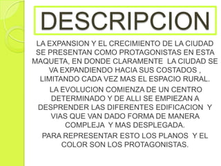 DESCRIPCION
LA EXPANSION Y EL CRECIMIENTO DE LA CIUDAD
SE PRESENTAN COMO PROTAGONISTAS EN ESTA
MAQUETA, EN DONDE CLARAMENTE LA CIUDAD SE
VA EXPANDIENDO HACIA SUS COSTADOS ,
LIMITANDO CADA VEZ MAS EL ESPACIO RURAL.
LA EVOLUCION COMIENZA DE UN CENTRO
DETERMINADO Y DE ALLI SE EMPIEZAN A
DESPRENDER LAS DIFERENTES EDIFICACION Y
VIAS QUE VAN DADO FORMA DE MANERA
COMPLEJA Y MAS DESPLEGADA.
PARA REPRESENTAR ESTO LOS PLANOS Y EL
COLOR SON LOS PROTAGONISTAS.

 