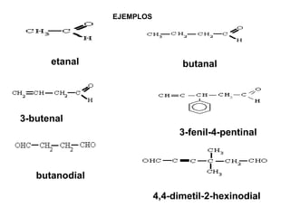 EJEMPLOS




      etanal                     butanal




3-butenal
                                3-fenil-4-pentinal



   butanodial

                           4,4-dimetil-2-hexinodial
 