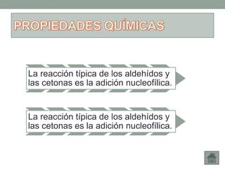 La reacción típica de los aldehídos y
las cetonas es la adición nucleofílica.
La reacción típica de los aldehídos y
las cetonas es la adición nucleofílica.
 