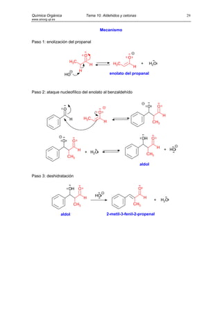 Química Orgánica                    Tema 10. Aldehidos y cetonas                                      29
www.sinorg.uji.es


                                             Mecanismo

Paso 1: enolización del propanal


                                    O
                                                              O
                         H3C                                            +       H2O
                                        H             H3C
                                                                  H
                                H
                      HO                             enolato del propanal



Paso 2: ataque nucleofílico del enolato al benzaldehído


                                                                                O         O
                     O
                                             O
                                                                                              H
                         H          H3C
                                                 H                                  CH3



                                                                          OH O
                    O       O
                                                                                          H
                                H                                                              + HO
                                    + H2O                                       CH3
                         CH3
                                                                      aldol

Paso 3: deshidratación


                         OH O                                         O
                                            HO                              H
                                    H
                                                                                      +       H2O
                             CH3                                  CH3

                    aldol                        2-metil-3-fenil-2-propenal
 