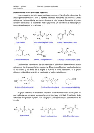 Química Orgánica                                          Tema 10. Aldehidos y cetonas                                                                                          5
www.sinorg.uji.es


Nomenclatura de los aldehídos y cetonas.
     Los nombres de las cetonas se construyen cambiando la -o final en el nombre de
alcano por la terminación -ona. El nombre alcano se transforma en alcanona. En las
cetonas de cadena abierta, se numera la cadena más larga de forma que al grupo
carbonilo se le asigne el localizador más bajo posible. En las cetonas cíclicas al grupo
carbonilo se le asigna el localizador 1.


                                                                                                                                         O              CH3
                                                      1            O                               7
                                                                                   5
            O                                   H3C            2                           6   CH3                                          1           3   CH3
                            4                                      3                                                                                2           4
                                                                           4
 H3C        2                   CH3                        CH3                         CH3
    1               3           5

   2-pentanona                                      2,6-dimetil-heptan-3-ona                                               1-fenil-3-metilbutan-1-ona

                O                                                  O
                                                                                                                                   O            OH
                            2                                                                                                  1                            6
    6           1                                                  1           2                                                                        5           7
                                                       5
                                                                                                                           H3C     2
                                                                                                                                        3
                                                                                                                                                4                   CH3
    5                               CH3                    4
                                                                       3                                                                                CH3
                        3                                                      CH3
                4

 3-etilciclohexanona                                3-metil-2-ciclopentenona                                               4-hidroxi-5-metilheptan-2-ona

      Los nombres sistemáticos de los aldehidos se construyen cambiando la -o final
del nombre de alcano por la terminación -al. El carbono aldehídico es el del extremo
de la cadena y por tanto se le asigna el número 1 como localizador. Si el grupo
aldehído está unido a un anillo se puede usar el sufijo -carbaldehído.

                        CH3                 O                                      CH3
            7                       3                                                                              2
                                                                                                   4                                                                CHO
                                4       2                                  7                               3           1   H
 H3C                6
                        5                   1   H                      H3C         6
                                                                                           5
        8
                                CH3 Cl                                                                     OH          O

   2-cloro-4,5-dimetiloctanal                                          3-hidroxi-6-metilheptanal                                   ciclohexanocarbaldehído


      El grupo carbonilo de aldehído o cetona se puede nombrar como sustituyente en
una molécula que contenga un grupo funcional de mayor prioridad. El carbonilo de la
cetona se designa con el prefijo -oxo y al grupo -CHO se le designa con el nombre de
formilo.


                                                                                                                                            O                           O
    8                           O                                          6
                    6                   2                                              4               2
 H3C                                        1   H                  H3C                         3               1   OH              HO                                       H
                                4
            7           5           3                                          5
                                            O                                                  O               O
                4-oxooctanal                                           ácido 3-oxohexanoico                                            ácido 3-formilbenzoico
 