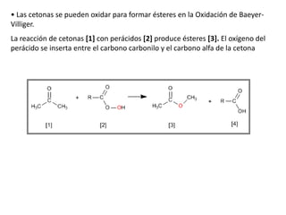 • Las cetonas se pueden oxidar para formar ésteres en la Oxidación de BaeyerVilliger.
La reacción de cetonas [1] con perácidos [2] produce ésteres [3]. El oxígeno del
perácido se inserta entre el carbono carbonilo y el carbono alfa de la cetona

 