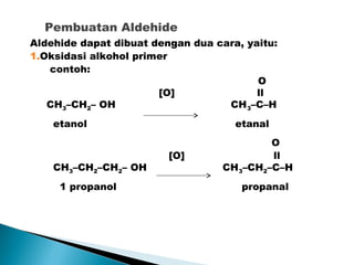 Pembuatan Aldehide
Aldehide dapat dibuat dengan dua cara, yaitu:
1.Oksidasi alkohol primer
contoh:
O
[O] ll
CH3–CH2– OH CH3–C–H
etanol etanal
O
[O] ll
CH3–CH2–CH2– OH CH3–CH2–C–H
1 propanol propanal
 