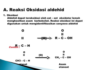 O
lI [O]
R – C – H
A. Reaksi Oksidasi aldehid
Contoh :
O
ll [O]
CH3 – C – H
1. Oksidasi
Aldehid dapat teroksidasi oleh zat – zat oksidator lemah
menghasilkan asam karboksilat. Reaksi oksidasi ini dapat
digunakan untuk mengidentifikasikan senyawa aldehid
O
ll
R – C – OH
O
ll
CH3 – C – OH
etanal Asam
etanoat
 