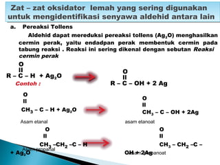 O
lI
R – C – H + Ag2O
Zat – zat oksidator lemah yang sering digunakan
untuk mengidentifikasi senyawa aldehid antara lain
Zat – zat oksidator lemah yang sering digunakan
untuk mengidentifikasi senyawa aldehid antara lain
Contoh :
O
ll
CH3 – C – H + Ag2O
Asam etanal
O
ll
R – C – OH + 2 Ag
Asam propanal
Asam propanoat
O
ll
CH3 – C – OH + 2Ag
asam etanoat
O
ll
CH3 –CH2 –C – H
+ Ag2O
O
ll
CH3 – CH2 –C –
OH + 2Ag
a. Pereaksi Tollens
Aldehid dapat mereduksi pereaksi tollens (Ag2O) menghasilkan
cermin perak, yaitu endadpan perak membentuk cermin pada
tabung reaksi . Reaksi ini sering dikenal dengan sebutan Reaksi
cermin perak
 