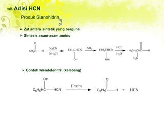  Adisi HCN
Produk Sianohidrin
 Zat antara sintetik yang berguna
 Sintesis asam-asam amino
 Contoh Mendelonitril (kelabang)
 