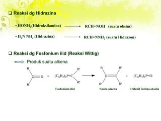  Reaksi dg Fosfonium ilid (Reaksi Wittig)
Produk suatu alkena
Fosfonium ilid Suatu alkena Trifenil fosfina oksida
 Reaksi dg Hidrazina
• HONH2(Hidroksilamina) RCH=NOH (suatu oksim)
• H2N NH2 (Hidrazina) RCH=NNH2 (suatu Hidrazon)
 