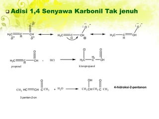  Adisi 1,4 Senyawa Karbonil Tak jenuh
H2C C
H
CH
O
H2C C
H
CH
O
H2C C
H
CH
O
H2C C
H
CH
O
H2C
H2
C CH
O
+ HCl
Cl
propenal kloropropanol
+ +
-
HC CH C CH3
O
CH3
H2O CH3 CH CH2 C CH3
O
OH
4-hidroksi-2-pentanon
3 penten-2-on
 
