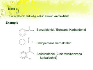 Benzaldehid / Benzana Karbaldehid
Siklopentana karbaldehid
Salisilaldehid (2-hidroksibenzena
karbaldehid)
Note
Untuk aldehid siklis digunakan awalan -karbaldehid
Example
 