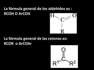 La fórmula general de los aldehidos es :RCOH O ArCOHLa fórmula general de las cetonas es:RCOR  o ArCOAr