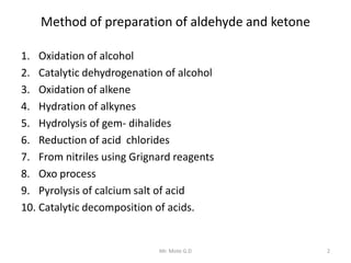 Method of preparation of aldehyde and ketone
1. Oxidation of alcohol
2. Catalytic dehydrogenation of alcohol
3. Oxidation ...