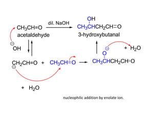 CH3CH=O
dil. NaOH
CH3CHCH2CH O
OH
acetaldehyde 3-hydroxybutanal
OH
CH2CH=O CH3CH+ O CH3CHCH2CH O
O
+ H2O
+ H2O
nucleophili...