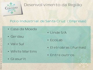 Polo Indústrial de Santa Cruz ( Empresas)
• Casa da Moeda
• Gerdau
• Vale Sul
• White Martins
• Glasurit
• Linde S/A
• EcoLab
• Eletrobras ( Furnas)
• Entre outros
Desenvolvimento da Região
Materialpreliminarsujeitoaalterações
 