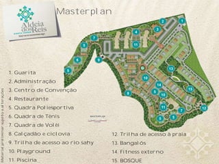 Materialpreliminarsujeitoaalterações
Masterplan
12
3
4
5
5
55
5
7
6
7
8
9
10
11
10
14
12
13
11
14. Fitness externo
1. Guarita
2. Administração
3. Centro de Convenção
4. Restaurante
5. Quadra Poliesportiva
6. Quadra de Tênis
7. Quadra de Volêi
8. Calçadão e ciclovia
9. Trilha de acesso ao rio sahy
10. Playground
11. Piscina
12. Trilha de acesso à praia
13. Bangalôs
15
15. BOSQUE
 