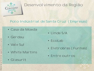 Desenvolvimento da Região



                                            Polo Indústrial de Santa Cruz ( Empresas)

                                           • Casa da Moeda
                                                                • Linde S/A
                                           • Gerdau
Material preliminar sujeito a alterações




                                                                • EcoLab
                                           • Vale Sul
                                                                • Eletrobras ( Furnas)
                                           • White Martins
                                                                • Entre outros
                                           • Glasurit
 