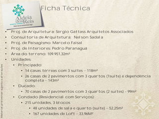 Ficha Técnica


                                           •   Proj. de Arquitetura: Sérgio Gattass Arquitetos Associados
                                           •   Consultoria de Arquitetura: Nelson Sadala
                                           •   Proj. de Paisagismo: Marcelo Faisal
                                           •   Proj. de Interiores: Pedro Paranaguá
                                           •   Área do terreno: 109.951,32m²
                                           •   Unidades:
                                               •   Principado:
Material preliminar sujeito a alterações




                                                    • 14 casas térreas com 3 suítes   118m²
                                                    • 26 casas de 2 pavimentos com 3 quartos (1suíte) e dependência
                                                      completa 143m²
                                               •   Ducado:
                                                    • 70 casas de 2 pavimentos com 3 quartos (2 suítes) - 99m²
                                               •   Condado (Residencial com Serviços):
                                                    • 215 unidades, 3 blocos
                                                        • 48 unidades de sala e quarto (suíte)   52,25m²
                                                        • 167 unidades de Loft   33,96M²
 