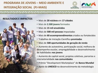 RESULTADOS E IMPACTOS
PROGRAMA DE JOVENS – MEIO AMBIENTE E
INTEGRAÇÃO SOCIAL (PJ-MAIS)
• Mais de 20 núcleos em 17 cidades
• Mais de 2.500 jovens formados
• Mais de 15 mil envolvidos
• Mais de 500 mil pessoas impactadas
• Mais de 60 ecoempreendimentos criados ou fortalecidos
• Trabalhos de Iniciação Científica premiados
• Mais de 500 oportunidades de geração de renda
• Aumento de autoestima, participação social, melhora de
desempenho escolar, empregabilidade e desenvolvimento
de habilidades nos jovens
• Aumento de capital social, projetos coletivos, parcerias e
intersetorialidade nas comunidades
• Prêmio “Development Marketplace” do Banco Mundial
• Apoio da UNESCO no desenvolvimento da metodologia
 