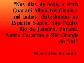 “ Nos dias de hoje, a etnia Guarani Mbya totalizam 7 mil índios, distribuídos no Espírito Santo, São Paulo, Rio de Janeiro, Paraná, Santa Catarina e Rio Grande do Sul” Maria Cristina Troncarelli   