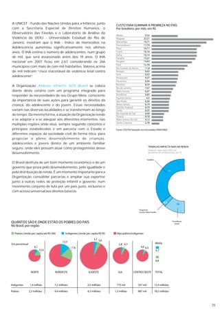 A UNICEF - Fundo das Nações Unidas para a Infância, junto
com a Secretaria Especial de Direitos Humanos, o
Observatório das Favelas e o Laboratório de Análise da
Violência da UERJ - Universidade Estadual do Rio de
Janeiro, mostram que o IHA - Índice de Homicídios na
Adolescência aumentou significativamente nos últimos
anos. O IHA estima o número de adolescentes, num grupo
de mil, que será assassinado antes dos 19 anos. O IHA
nacional em 2007 ficou em 2,67, considerando os 266
municípios com mais de cem mil habitantes. Valores acima
de mil indicam “risco inaceitável de violência letal contra
adolescente”.

A Organização Aldeias Infantis SOS Brasil se coloca
diante deste cenário com um programa integrado para
responder às necessidades de seu Grupo Meta, consciente
da importância de suas ações para garantir os direitos da
criança, do adolescente e do jovem. Essas necessidades
variam nas diversas localidades e se transformam ao longo
do tempo. Da mesma forma, a atuação da Organização tende
a se adaptar e a se adequar aos diferentes momentos, nas
múltiplas regiões onde atua, sempre seguindo conceitos e
princípios estabelecidos e em parceria com o Estado e
diferentes espaços da sociedade civil de forma ética, para
propiciar o pleno desenvolvimento de crianças,
adolescentes e jovens dentro de um ambiente familiar
seguro, onde eles possam atuar como protagonistas desse
desenvolvimento.

O Brasil desfruta de um bom momento econômico e de um
governo que preza pelo desenvolvimento, pela igualdade e
pela distribuição de renda. É um momento importante para a
Organização consolidar parcerias e ampliar sua expertise
junto a outras redes de proteção infantil e governo, num
movimento conjunto de luta por um país justo, inclusivo e
com acesso universal aos direitos básicos.


                                                              5,3
                                                                    24




                                                                         11
 