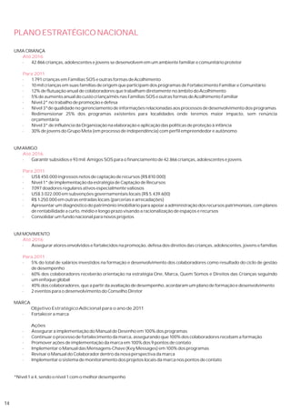 PLANO ESTRATÉGICO NACIONAL

     UMA CRIANÇA
       Até 2016
       ·   42.866 crianças, adolescentes e jovens se desenvolvem em um ambiente familiar e comunitário protetor

         Para 2011
         ·  1.791 crianças em Famílias SOS e outras formas de Acolhimento
         ·  10 mil crianças em suas famílias de origem que participam dos programas de Fortalecimento Familiar e Comunitário
         ·  12% de flutuação anual de colaboradores que trabalham diretamente no âmbito do Acolhimento
         ·  5% de aumento anual do custo criança/mês nas Famílias SOS e outras formas de Acolhimento Familiar
         ·  Nível 2* no trabalho de promoção e defesa
         ·  Nível 3*de qualidade no gerenciamento de informações relacionadas aos processos de desenvolvimento dos programas
         ·  Redimensionar 25% dos programas existentes para localidades onde teremos maior impacto, sem renúncia
            orçamentária
         ·  Nível 3* de influência da Organização na elaboração e aplicação das políticas de proteção à infância
         ·  30% de jovens do Grupo Meta (em processo de independência) com perfil empreendedor e autônomo


     UM AMIGO
        Até 2016
        ·   Garantir subsídios e 93 mil Amigos SOS para o financiamento de 42.866 crianças, adolescentes e jovens

         Para 2011
         ·  US$ 450.000 ingressos netos de captação de recursos (R$ 810.000)
         ·  Nível 1* de implementação da estratégia de Captação de Recursos
         ·  7.097 doadores regulares ativos especialmente valiosos
         ·  US$ 3.022.000 em subvenções governamentais locais (R$ 5.439.600)
         ·  R$ 1.250.000 em outras entradas locais (parcerias e arrecadações)
         ·  Apresentar um diagnóstico do patrimônio imobiliário para apoiar a administração dos recursos patrimoniais, com planos
            de rentabilidade a curto, médio e longo prazo visando a racionalização de espaços e recursos
         ·  Consolidar um fundo nacional para novos projetos


     UM MOVIMENTO
        Até 2016
        ·   Assegurar atores envolvidos e fortalecidos na promoção, defesa dos direitos das crianças, adolescentes, jovens e famílias

         Para 2011
         ·  5% do total de salários investidos na formação e desenvolvimento dos colaboradores como resultado do ciclo de gestão
            de desempenho
         ·  60% dos colaboradores receberão orientação na estratégia One, Marca, Quem Somos e Direitos das Crianças seguindo
            um enfoque global
         ·  40% dos colaboradores, que a partir da avaliação de desempenho, acordaram um plano de formação e desenvolvimento
         ·  2 eventos para o desenvolvimento do Conselho Diretor

     MARCA
             Objetivo Estratégico Adicional para o ano de 2011
         ·   Fortalecer a marca

             Ações
         ·   Assegurar a implementação do Manual de Desenho em 100% dos programas
         ·   Continuar o processo de fortalecimento da marca, assegurando que 100% dos colaboradores recebam a formação
         ·   Promover ações de implementação da marca em 100% dos 9 pontos de contato
         ·   Implementar o Manual das Mensagens-Chave (Key Messages) em 100% dos programas
         ·   Revisar o Manual do Colaborador dentro da nova perspectiva da marca
         ·   Implementar o sistema de monitoramento dos projetos locais da marca nos pontos de contato


     *Nível 1 a 4, sendo o nível 1 com o melhor desempenho




14
 