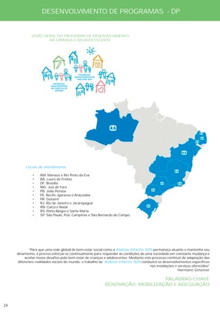 DESENVOLVIMENTO DE PROGRAMAS - DP


              VISÃO GERAL DO PROGRAMA DE DESENVOLVIMENTO
                      DA CRIANÇA E DO ADOLESCENTE




                                             CRIANÇAS/
                                          ADOLESCENTES EM
                                            NÚCLEOS SOS

                           CRIANÇAS/
                          ADOLESCENTES
                          NA FAMÍLIA DE
                             ORIGEM




          Locais de atendimento

              •    AM: Manaus e Rio Preto da Eva
              •    BA: Lauro de Freitas
              •    DF: Brasília
              •    MG: Juiz de Fora
              •    PB: João Pessoa
              •    PE: Recife, Igarassu e Araçoiaba
              •    PR: Goioerê
              •    RJ: Rio de Janeiro e Jacarepaguá
              •    RN: Caicó e Natal
              •    RS: Porto Alegre e Santa Maria
              •    SP: São Paulo, Poá, Campinas e São Bernardo do Campo




             ‘’Para que uma rede global de bem-estar social como a Aldeias Infantis SOS permaneça atuante e mantenha seu
     dinamismo, é preciso esforçar-se continuamente para responder às condições de uma sociedade em constante mudança e
           aceitar novos desafios pelo bem-estar de crianças e adolescentes. Mediante este processo contínuo de adaptação das
      diferentes realidades sociais do mundo, o trabalho da Aldeias Infantis SOS conduzirá os desenvolvimentos específicos
                                                                                         nas instalações e serviços oferecidos”
                                                                                                                              .
                                                                                                           Hermann Gmeiner

                                                                                PALAVRAS-CHAVE
                                                            RENOVAÇÃO, MOBILIZAÇÃO E ADEQUAÇÃO



24
 