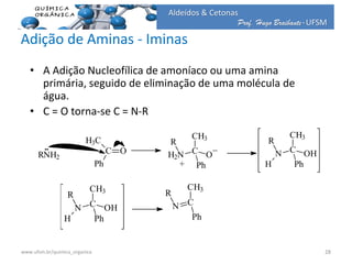 Prof. Hugo Braibante-UFSM
Aldeídos & Cetonas
Adição de Aminas - Iminas
• A Adição Nucleofílica de amoníaco ou uma amina
primária, seguido de eliminação de uma molécula de
água.
• C = O torna-se C = N-R
C O
H3C
Ph
RNH2
C
CH3
O
Ph
H2N
R
+
_ C
CH3
OH
Ph
N
R
H
C
CH3
Ph
N
R
C
CH3
OH
Ph
N
R
H
28www.ufsm.br/quimica_organica
 