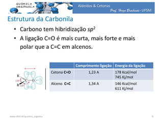 Prof. Hugo Braibante-UFSM
Aldeídos & Cetonas
Estrutura da Carbonila
• Carbono tem hibridização sp2
• A ligação C=O é mais curta, mais forte e mais
polar que a C=C em alcenos.
Comprimento ligação Energia da ligação
Cetona C=O 1,23 A 178 Kcal/mol
745 Kj/mol
Alceno C=C 1,34 A 146 Kcal/mol
611 Kj/mol
4www.ufsm.br/quimica_organica
 