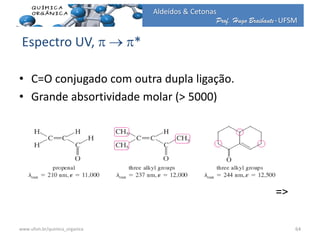 Prof. Hugo Braibante-UFSM
Aldeídos & Cetonas
Espectro UV,   *
• C=O conjugado com outra dupla ligação.
• Grande absortividade molar (> 5000)
=>
64www.ufsm.br/quimica_organica
 