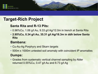 Target-Rich Project
   Santa Rita and R-13 Pits:
   • 0.96%Cu, 1.06 g/t Au, 9.33 g/t Ag/12.0m in trench at Santa Rita
   • 2.95%Cu, 0.34 g/t Au, 35.31 g/t Ag/18.3m in ddh below Santa
     Rita
   Bambana:
   • Cu-Au-Ag Porphyry and Skarn targets
   • 500m x 1000m untested soil anomaly with coincident IP anomalies
   Dumps:
   • Grades from systematic vertical channel sampling by Alder
     returned 0.55%Cu, 0.47 g/t Au and 8.73 g/t Ag
 