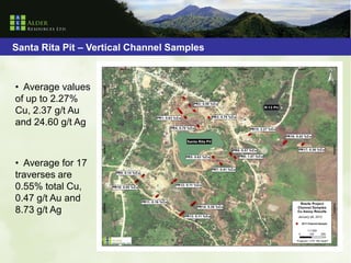 Santa Rita Pit – Vertical Channel Samples



• Average values
of up to 2.27%
Cu, 2.37 g/t Au
and 24.60 g/t Ag



• Average for 17
traverses are
0.55% total Cu,
0.47 g/t Au and
8.73 g/t Ag
 