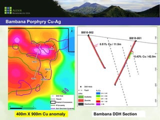 Bambana Porphyry Cu-Ag




    400m X 900m Cu anomaly   Bambana DDH Section
 