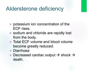 Aldersterone deficiency
 potassium ion concentration of the
ECF rises.
 sodium and chloride are rapidly lost
from the body.
 Total ECF volume and blood volume
become greatly reduced.
 Diarrhoea
 Decreased cardiac output  shock 
death.
 
