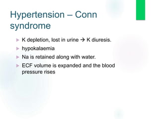 Hypertension – Conn
syndrome
 K depletion, lost in urine  K diuresis.
 hypokalaemia
 Na is retained along with water.
 ECF volume is expanded and the blood
pressure rises
 