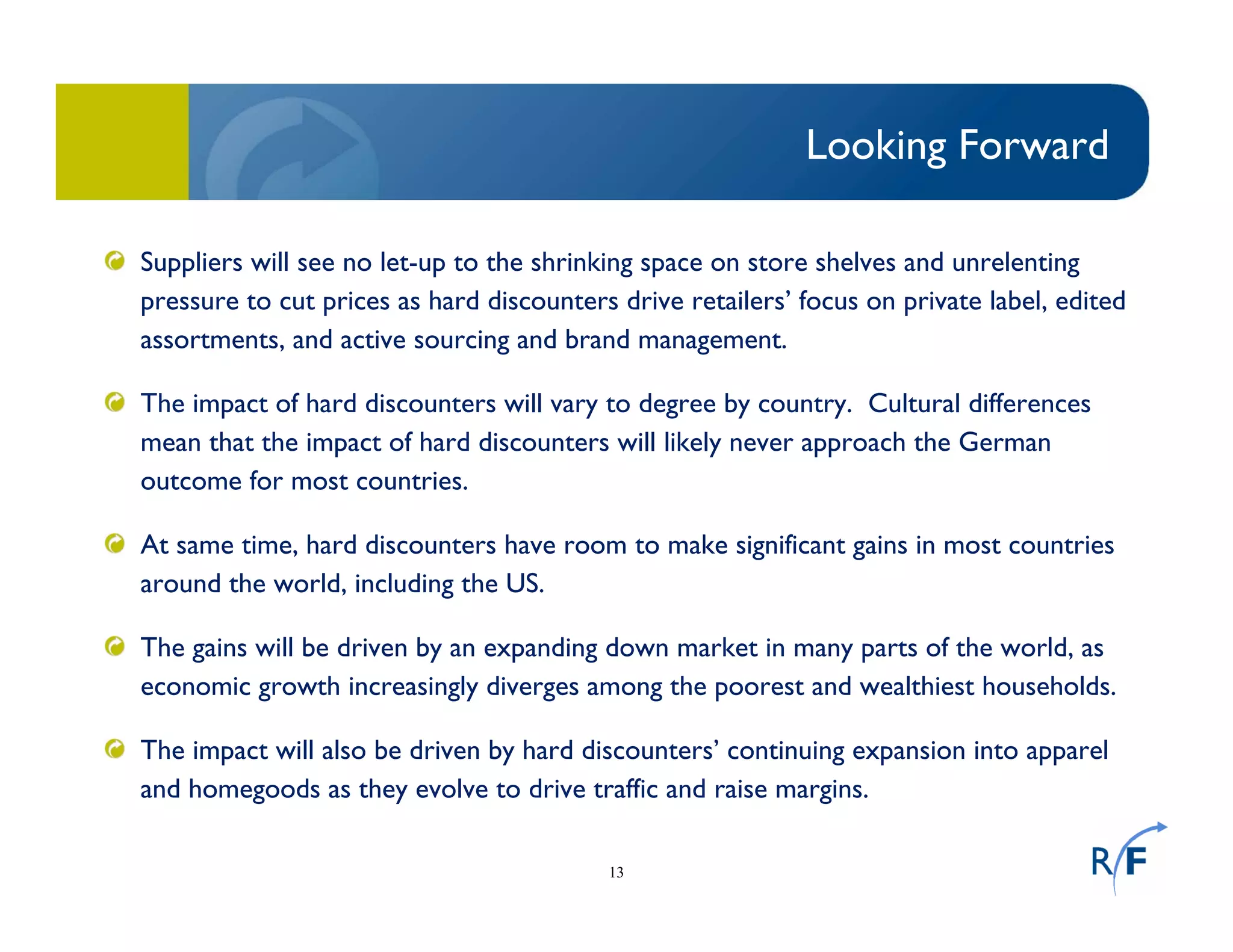 13
Looking Forward
Suppliers will see no let-up to the shrinking space on store shelves and unrelenting
pressure to cut prices as hard discounters drive retailers’ focus on private label, edited
assortments, and active sourcing and brand management.
The impact of hard discounters will vary to degree by country. Cultural differences
mean that the impact of hard discounters will likely never approach the German
outcome for most countries.
At same time, hard discounters have room to make significant gains in most countries
around the world, including the US.
The gains will be driven by an expanding down market in many parts of the world, as
economic growth increasingly diverges among the poorest and wealthiest households.
The impact will also be driven by hard discounters’ continuing expansion into apparel
and homegoods as they evolve to drive traffic and raise margins.
 