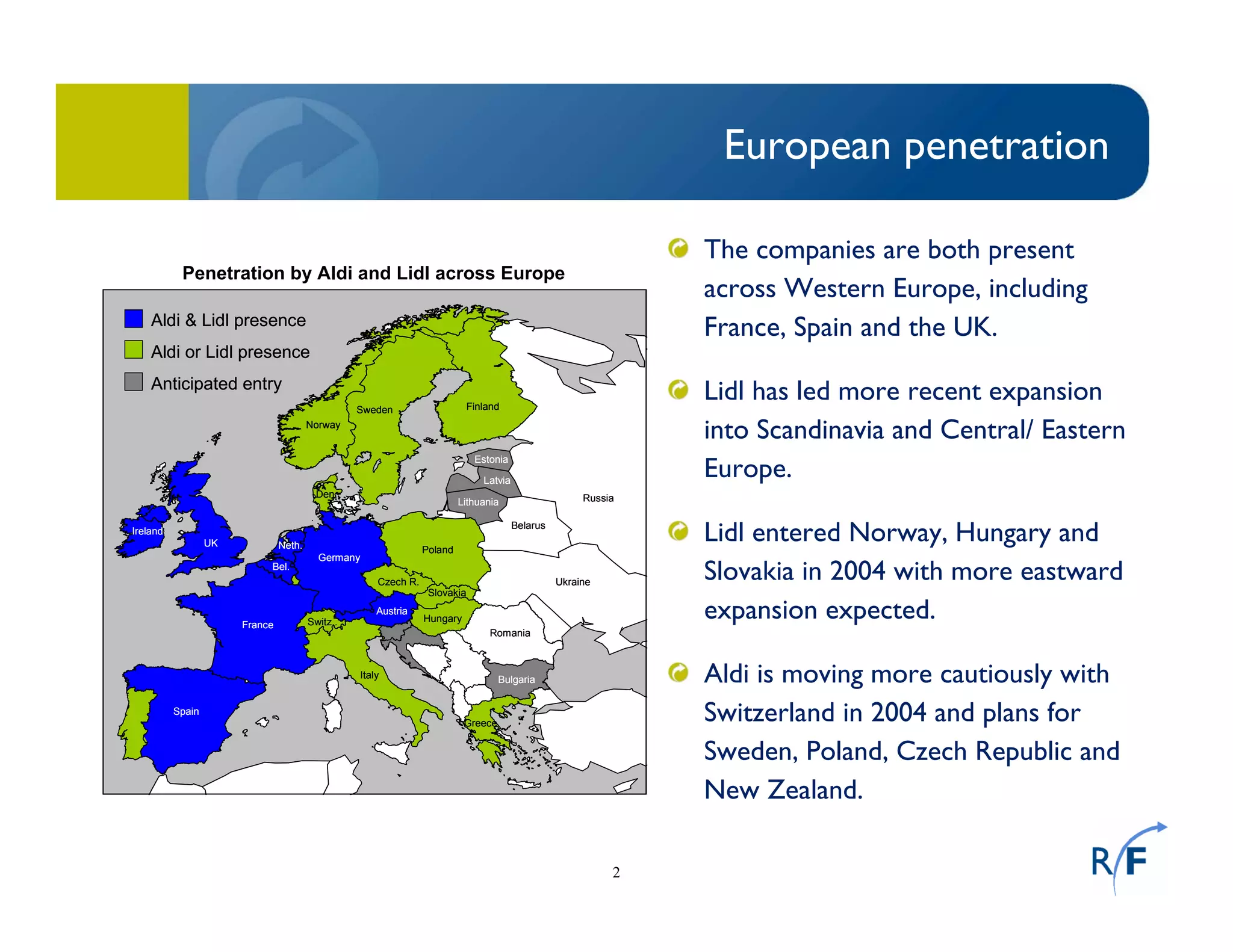 2
France
Spain
Germany
UK
Ireland
Poland
Italy
Norway
Sweden Finland
Austria
Czech R.
Slovakia
HungarySwitz..
Bel.
Neth.
Greece
Russia
Ukraine
Belarus
Romania
Lithuania
Latvia
Estonia
Bulgaria
Den.
France
Spain
Germany
UK
Ireland
Poland
Italy
Norway
Sweden Finland
Austria
Czech R.
Slovakia
HungarySwitz..
Bel.
Neth.
Greece
Russia
Ukraine
Belarus
Romania
Lithuania
Latvia
Estonia
Bulgaria
Den.
France
Spain
Germany
UK
Ireland
Poland
Italy
Norway
Sweden Finland
Austria
Czech R.
Slovakia
HungarySwitz..
Bel.
Neth.
Greece
Russia
Ukraine
Belarus
Romania
Lithuania
Latvia
Estonia
Bulgaria
Den.
European penetration
The companies are both present
across Western Europe, including
France, Spain and the UK.
Lidl has led more recent expansion
into Scandinavia and Central/ Eastern
Europe.
Lidl entered Norway, Hungary and
Slovakia in 2004 with more eastward
expansion expected.
Aldi is moving more cautiously with
Switzerland in 2004 and plans for
Sweden, Poland, Czech Republic and
New Zealand.
Penetration by Aldi and Lidl across Europe
Aldi & Lidl presence
Aldi or Lidl presence
Anticipated entry
Aldi & Lidl presence
Aldi or Lidl presence
Anticipated entry
 