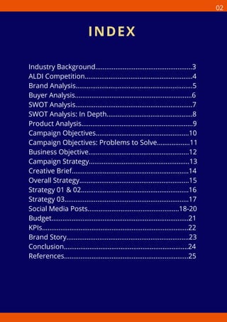Industry Background.....................................................3
ALDI Competition...........................................................4
Brand Analysis................................................................5
Buyer Analysis................................................................6
SWOT Analysis................................................................7
SWOT Analysis: In Depth...............................................8
Product Analysis.............................................................9
Campaign Objectives...................................................10
Campaign Objectives: Problems to Solve..................11
Business Objective.......................................................12
Campaign Strategy.......................................................13
Creative Brief................................................................14
Overall Strategy............................................................15
Strategy 01 & 02...........................................................16
Strategy 03....................................................................17
Social Media Posts..................................................18-20
Budget...........................................................................21
KPIs................................................................................22
Brand Story...................................................................23
Conclusion....................................................................24
References....................................................................25
INDEX
02
 