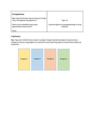 IV Pangkalahatan
Mga mag-aaral bilangisangmamamayansatingin
ninyomahalagabaa ng pagkakaisa?
Paanoninyomaipapakitaanginyong
pagmamahal sa bansanatin?
Tama!
Opo, sir!
Sa pamamagitan po ng pagpapahalaga sa ating
nakaraan.
V Aplikasyon
Mga mag-aaral,ihahati kokayosa apat na pangkat.Sasagot ang bawatpangkatsa mga tanong sa
ilalagaykosa pisara.Angpangkat na maypinakamaramingtamang sagot at pinakamabilisnataposay
ang panalo.
Pangkat 1 Pangkat 2 Pangkat 3 Pangkat 4
 