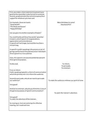 First,youmake a shortstatementtopresentyour
goodwishes(possiblyinjoke format) tosomeone.
Second,people presentthendrinktoexpresstheir
supportfor whateveryouhave said.
For example,these are toasts:
“Good Health”
“The Bride andGroom”
“Happy Birthday”
Can yougive me anotherexamplesof toasts?
You couldhardlycall these fewwords‘speeches’.
A toastis a brief speechof congratulations,
appreciationandremembrance.
A speechwill lastlonger,butcouldbe lessthana
minute long.
A speechinpublicspeakingisthe processoract of
givinga performance focusedaroundanindividual’s
directspeechtoa live audience.
Class,thisspeechisstructuredanddeliberatewith
three general purposes.
Kindlyread.
First,to inform.
Publicspeaking(speech) isaformof communication
whichthe primaryrole isto informthe audience.
Secondto persuade,whydowe needtopersuade
our audience?
Verygood!
Andlast to entertain,whydoyouthinkthisisone of
the general purposesof speechcommunication?
Verygood!
To catch the attentionof the listeners.
So movingon, here are some tipsfor effective
toasting.Let’sreadeachone.
More Birthdays to come!
Stay beautiful!
To inform,
To persuade,
To entertain.
To make the audience embrace our point of view.
To catch the listener’s attention.
 